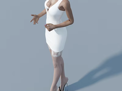 Woman in white dress with lace details wearing high heels posing against gray background 3d model