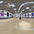Indoor Basketball Court With Wooden Floor Basketball Hoop Colorful Banners And Ceiling Lights 3d model
