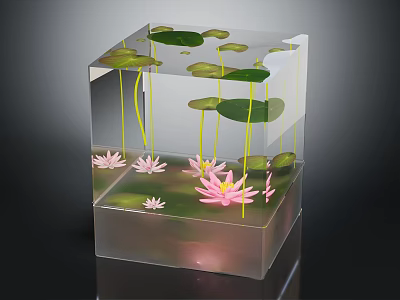 Modern Decorative Ornament Set With Transparent Cube Pink Lotus Flowers And Green Lily Pads 3d model