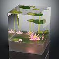 Modern Decorative Ornament Set With Transparent Cube Pink Lotus Flowers And Green Lily Pads