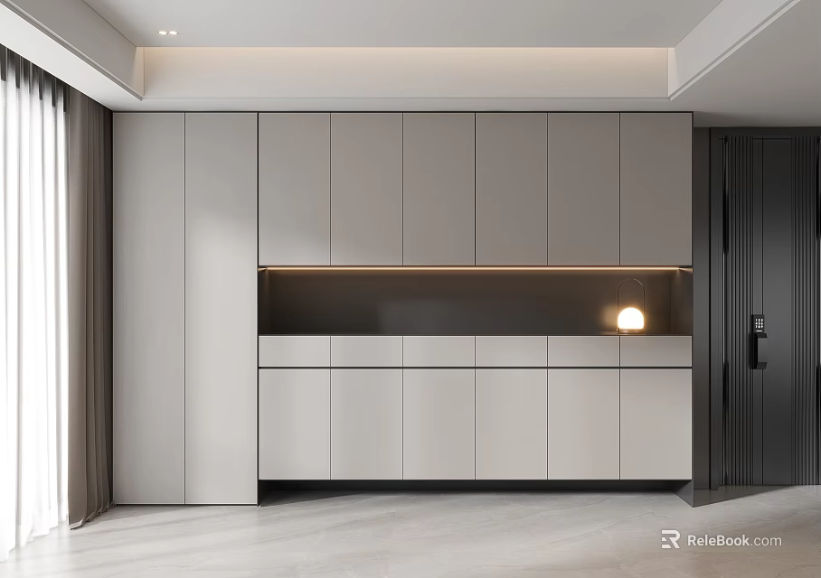 Modern Built in Shoe Cabinet with Light Dark Gray Design and Entryway Storage Lighting 3d model 