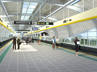 Modern Metro Station Platform with Passengers Directional Signage Ceiling Structure and Floor Design 3d model