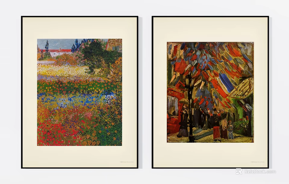 Two Framed Paintings Featuring Flower Field House Trees and Colorful Flags with Figures 3d model 