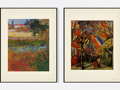 Two Framed Paintings Featuring Flower Field House Trees and Colorful Flags with Figures 3d model