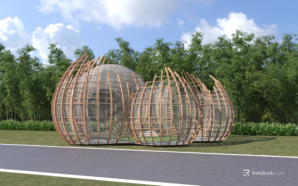 Curved Wooden Pergola Structures with Transparent Panels Set in Outdoor Garden with Green Trees 3d model 
