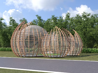 Curved Wooden Pergola Structures with Transparent Panels Set in Outdoor Garden with Green Trees 3d model