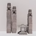 Ancient Stone Pillars With Stone Lion Statues On Top Accompanied By Small Pavilion Structure 3d model