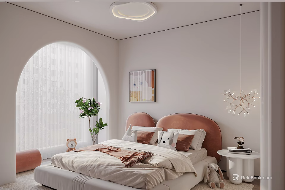 Kids Bedroom Interior With Pink Headboard Bed Stuffed Toys Arched Window And Pendant Light 3d model 