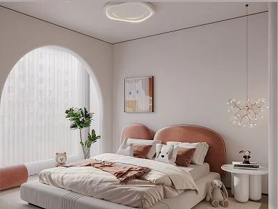 Kids Bedroom Interior With Pink Headboard Bed Stuffed Toys Arched Window And Pendant Light 3d model