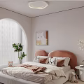 Kids Bedroom Interior With Pink Headboard Bed Stuffed Toys Arched Window And Pendant Light