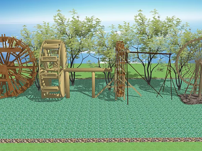 Garden Ornaments With Wooden Water Wheels Green Trees Grassland And Blue Sky Sea View 3d model