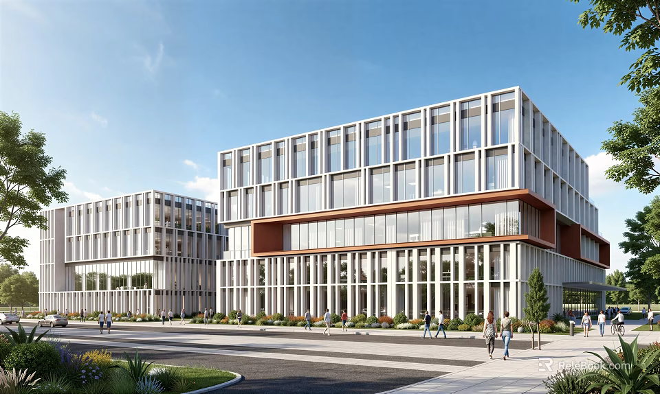 Modern Industrial Factory Building With Large Glass Windows And Green Landscaping 3d model 