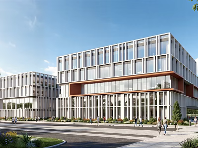Modern Industrial Factory Building With Large Glass Windows And Green Landscaping 3d model