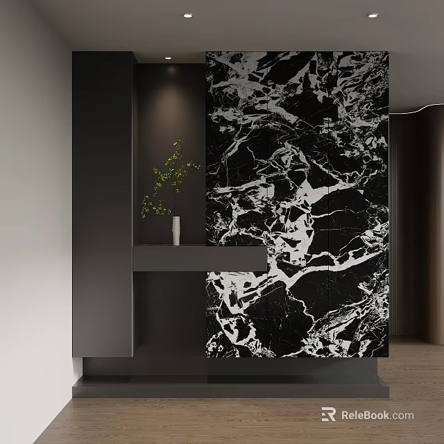 Modern Entryway Console Cabinet and Side Cabinet with Marble Backdrop and Green Plant 3d model 
