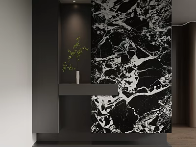 Modern Entryway Console Cabinet and Side Cabinet with Marble Backdrop and Green Plant 3d model