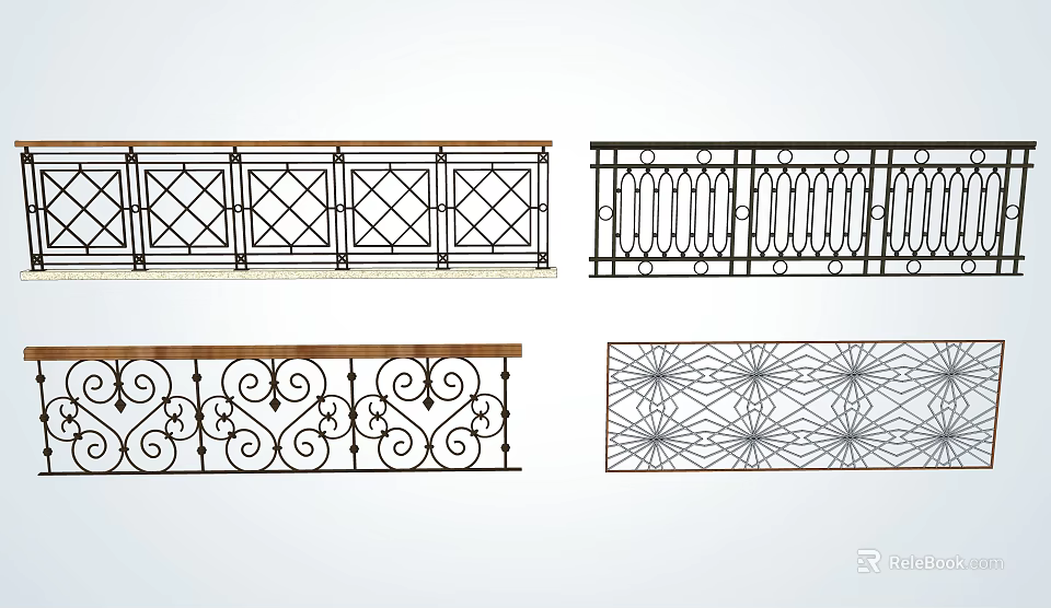 Decorative Wrought Iron Railings Featuring Various Ornate Geometric And Scroll Patterns 3d model 