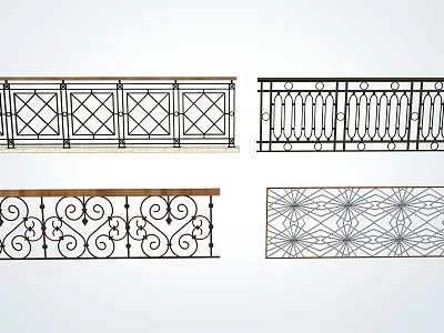 Decorative Wrought Iron Railings Featuring Various Ornate Geometric And Scroll Patterns 3d model
