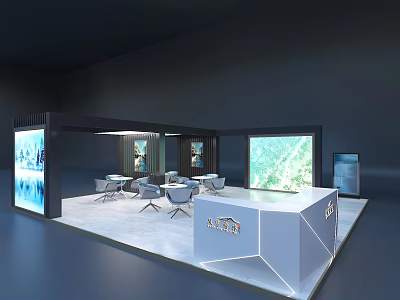 Modern Exhibition Booth Design With White Reception Counter Seating And Display Screens 3d model