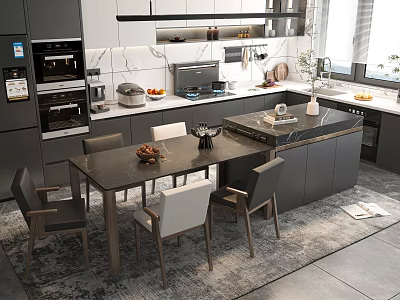 Modern Open Concept Kitchen Interior With Island Counter Appliances And Dining Chairs 3d model