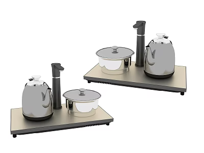 Stainless Steel Tea Set With Black Base Tray Kettle And Covered Containers 3d model