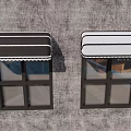 Black And White Window Awnings With Scalloped Edges Above Windows On Gray Textured Wall