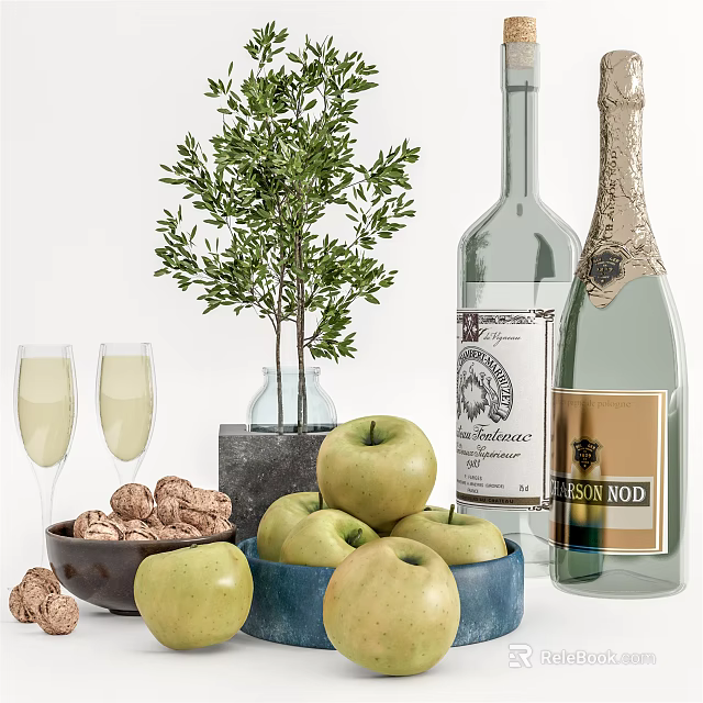 Green Apples in Blue Bowl Beside Champagne Bottle and Wine Glasses Nuts and Green Plant 3d model 