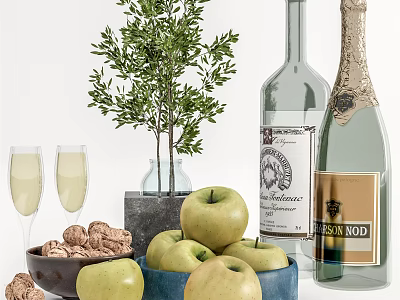 Green Apples in Blue Bowl Beside Champagne Bottle and Wine Glasses Nuts and Green Plant 3d model