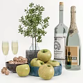 Green Apples in Blue Bowl Beside Champagne Bottle and Wine Glasses Nuts and Green Plant