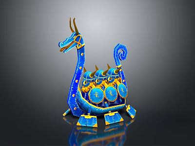 Elaborate Blue Dragon Shaped Ornamental Boat With Golden Accents And Circular Ornaments 3d model