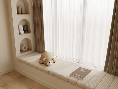 Cozy Single Bed by the Window with Stuffed Bear Book and Minimalist Shelves Curtains 3d model