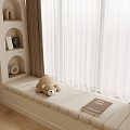 Cozy Single Bed by the Window with Stuffed Bear Book and Minimalist Shelves Curtains