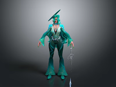 Fantasy Female Character In Green Outfit With Hat And Sword Design 3d model