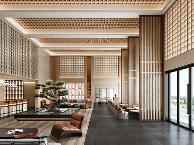 Elegant Hotel Public Lounge With Wooden Lattice Ceiling Brown Sofas And Green Plants 3d model