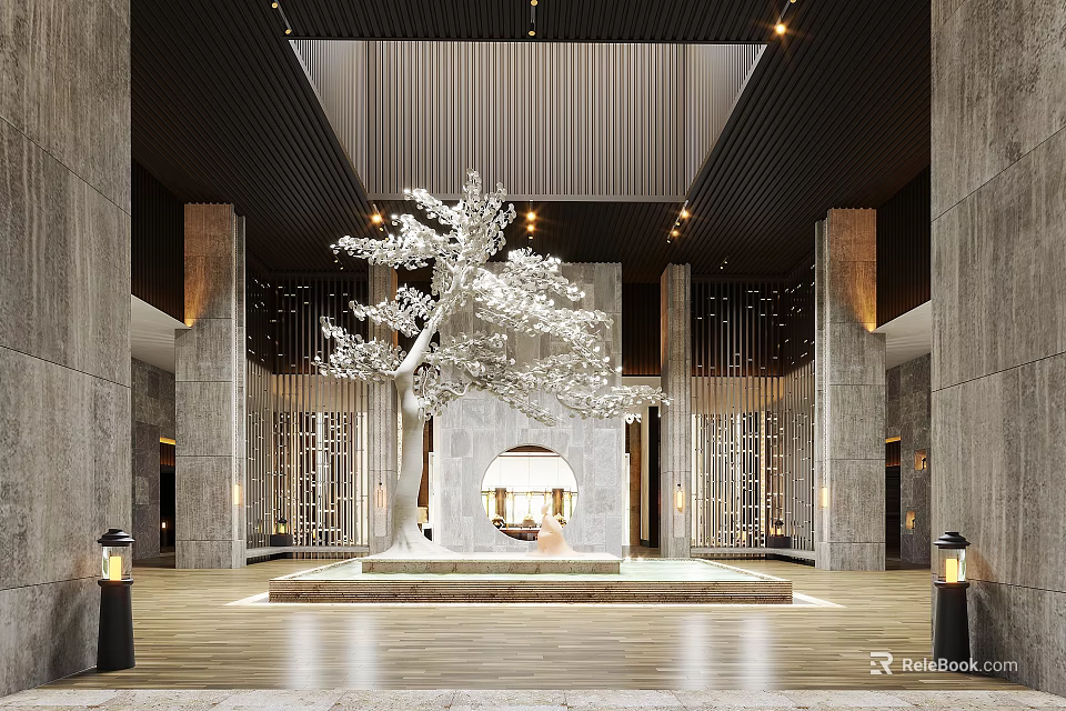 Elegant Modern Hotel Lobby Interior Design With Artistic Tree And Marble Flooring 3d model