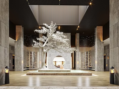 Elegant Modern Hotel Lobby Interior Design With Artistic Tree And Marble Flooring 3d model