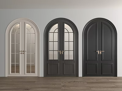 Three Different Arched Double Doors with Glass Panels and Wooden Frames for Interior Home Decor 3d model