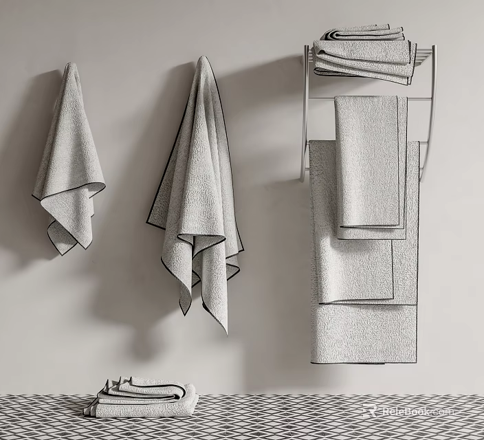 Textured Cotton Towels Hanging On Wall And Folded On Metal Rack For Modern Bathroom Decor 3d model 