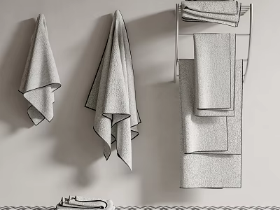 Textured Cotton Towels Hanging On Wall And Folded On Metal Rack For Modern Bathroom Decor 3d model