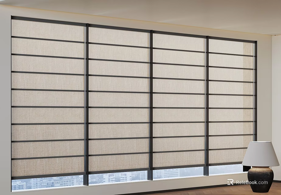 Linen Sliding Panel Curtains With Black Frames For Modern Large Windows 3d model