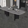 Modern Dining Table Set With Oval Marble Top And Six Gray Chairs Interior