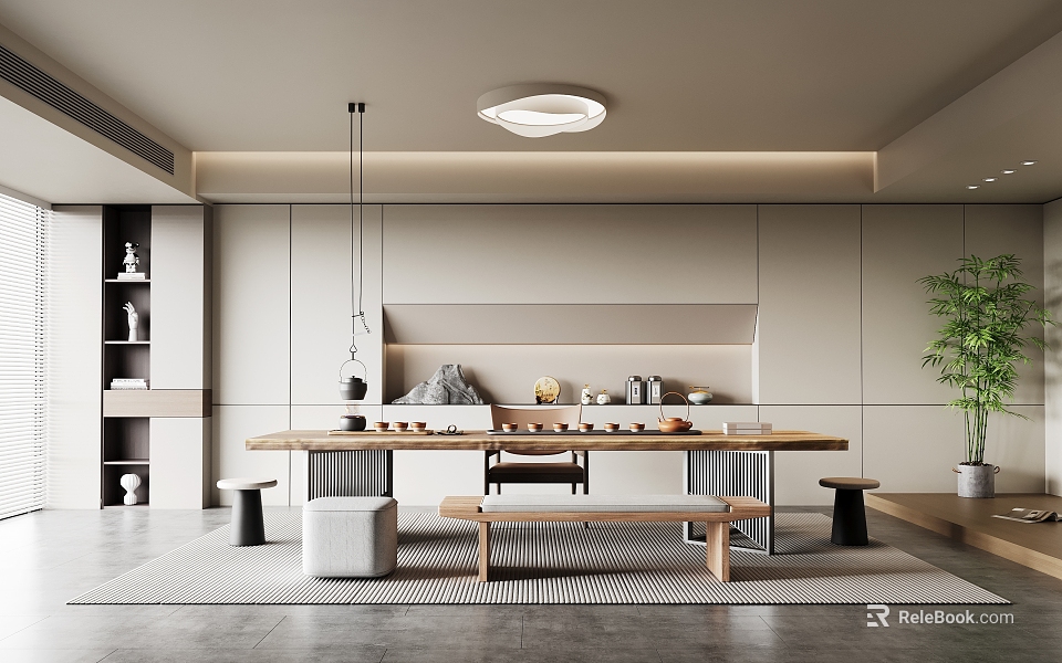 Modern Tea Room Interior Featuring Long Wooden Table Tea Sets and Minimalist Decor 3d model 