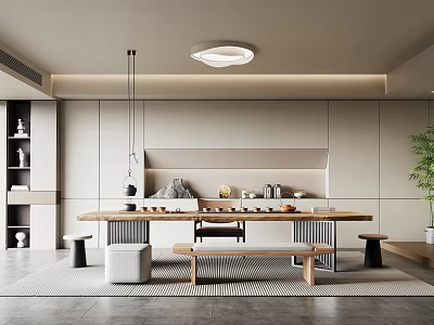 Modern Tea Room Interior Featuring Long Wooden Table Tea Sets and Minimalist Decor 3d model
