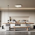 Modern Tea Room Interior Featuring Long Wooden Table Tea Sets and Minimalist Decor