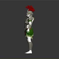 Man in white green orange armor with red feather helmet on gray background design