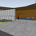 Modern Entrance Gate With Wooden Structure Glass Panels And Garden Landscape View
