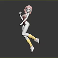 Anime Game Character With Pink Hair Red Bodysuit Yellow Socks White Shoes And Dynamic Pose