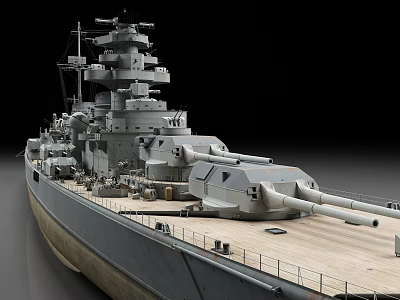 Large Battleship With Main Turrets And Multilevel Superstructure On Wooden Deck 3d model