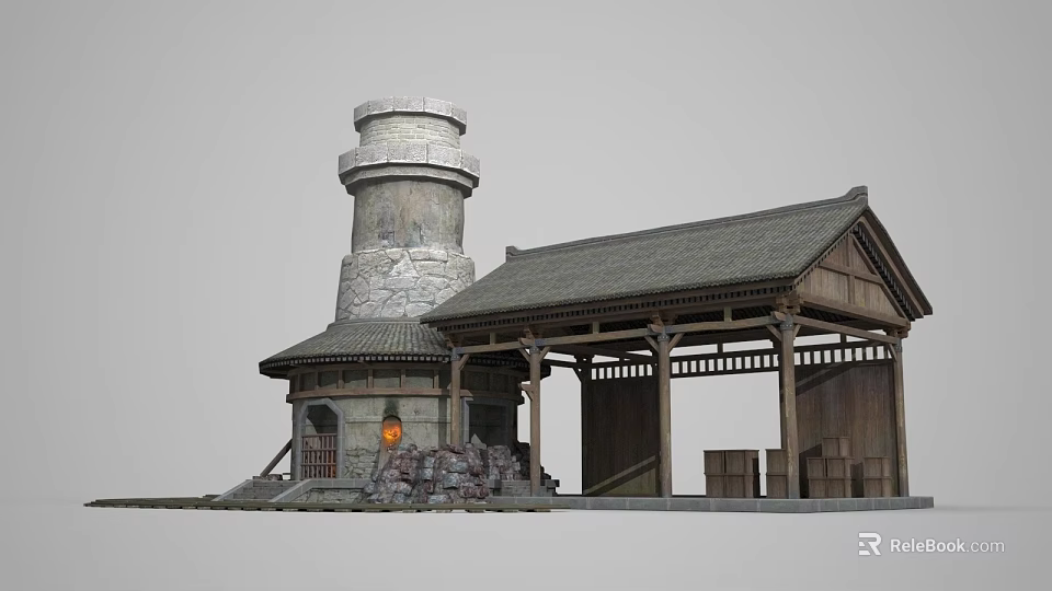 Ancient Architecture Featuring Stone Tower And Wooden Roofed Structure With Lantern 3d model