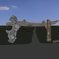 Natural Wooden Stone Entrance Gate at Sunset with People Umbrellas Reflective Water