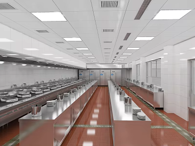 Commercial Kitchen Interior Layout With Stainless Steel Workstations Bright Lighting And Red Flooring 3d model